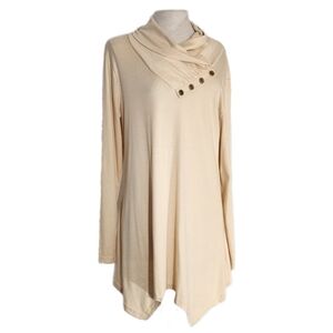 Cestyle Tunic Button-Detail Cowl Neck Long Sleeves Cream Size L